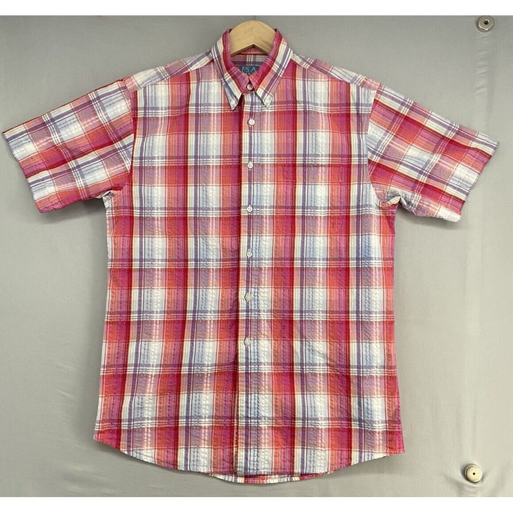 Jos A Bank Stays Cool Button Shirt Mens MEDIUM -Short Sleeve- Casual-Dress-Plaid